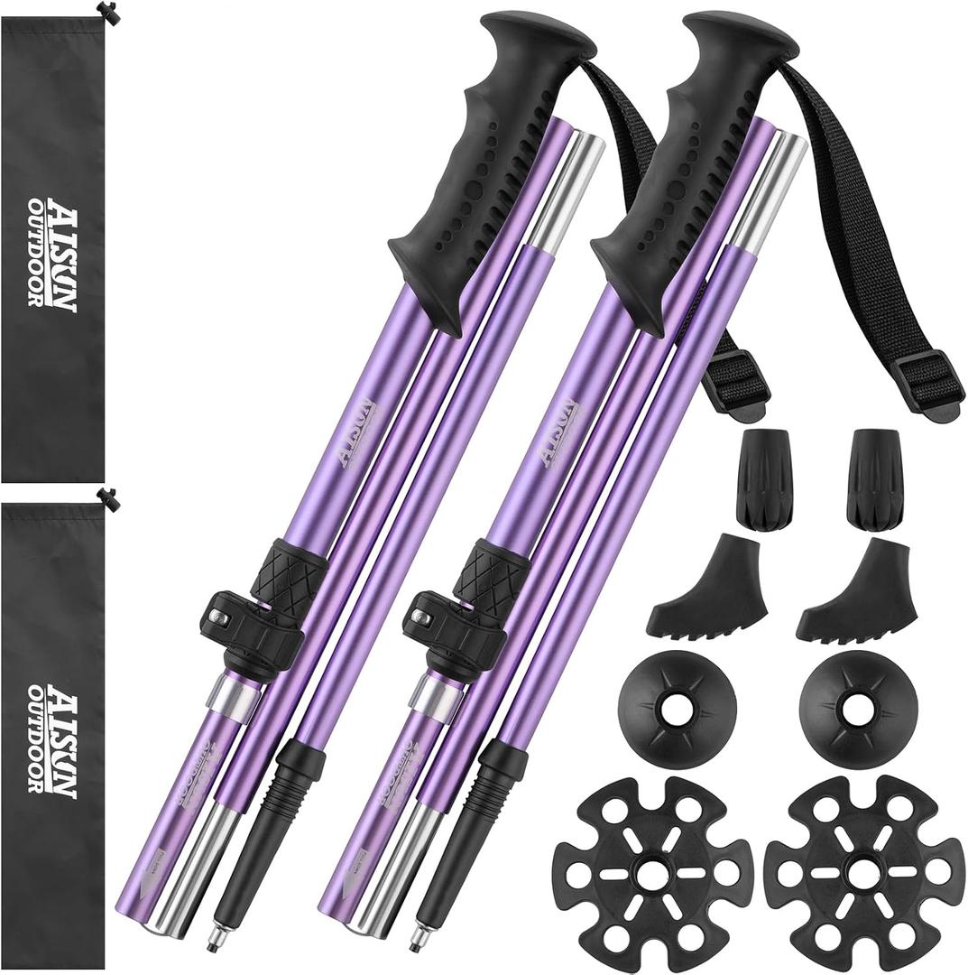 AISUNOURDOOR Lightweight Adjustable Trekking Poles, Aluminum Collapsible Travel Hiking or Walking Sticks for Women Children, with One Disposable Raincoat (Purple)