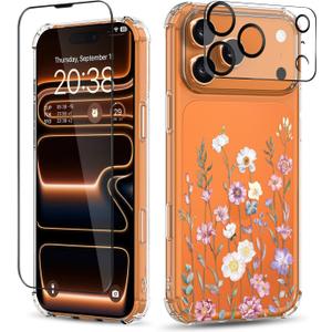 for iPhone 17 Pro Max Case,[3 in 1] with Screen Protector & Camera Lens Protector,Flower Pattern Design,Clear Soft Shockproof Floral Phone Cover for Women Girls 2025 6.9"(Blooming Flowerets)