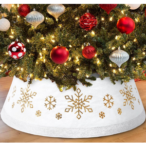 DoreenBow Christmas White Tree Collar Ring, 30'' Plush Gold Snowflake Sequin Tree Skirt, Christmas Artificial Tree Base Stand Cover, Xmas Tree Decorations Ornaments for Home Party Holiday 