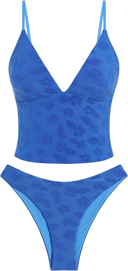 ZAFUL Women's Spaghetti Strap Tankini Swimsuits V Neck Tummy Control Tie Side Thong Bikini Swimsuits 2 Piece Bathing Suits (Blue, S)
