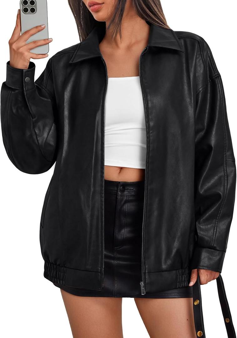 Trendy Queen Womens Leather Jacket, Oversized Going Out & Everyday Statement Piece, Bomber Jacktes Moto Coat (Black, S)