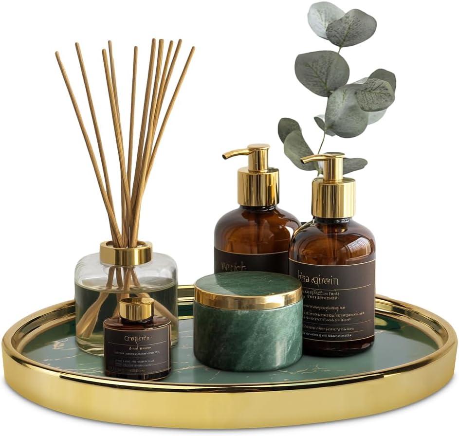 Ceramic Vanity Tray for Bathroom, Jewelry, and Makeup  Decorative Organizer Tray for Countertops, Dresser, or Sink  Elegant Green Round Design, Durable & Stylish Storage Solution (10.2")