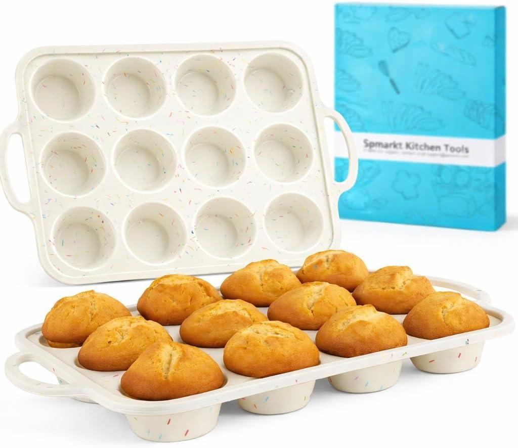 12-Cup Silicone Cupcake Pan, Nonstick Flexible Muffin Pan, Dishwasher Safe Muffin Tray with Handles, Seamless Silicone Muffin Tin for Baking Egg Bites & Cupcakes