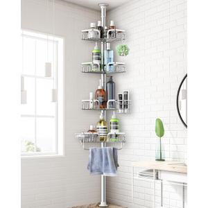 Corner Shower Caddy Tension Pole 4 Tier Adjustable Stainless Steel Shower Shelf for Inside Shower Bathtub Shampoo,Standing Bathroom Organizer Shelves with 39 to 113 inch Height (Silver)