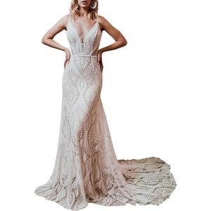 Women's Wedding Dresses Boho for Bride with Long Sleeves Plus Size Lace Beach Bridal Gowns Bohemian Wedding Gowns (White), 8