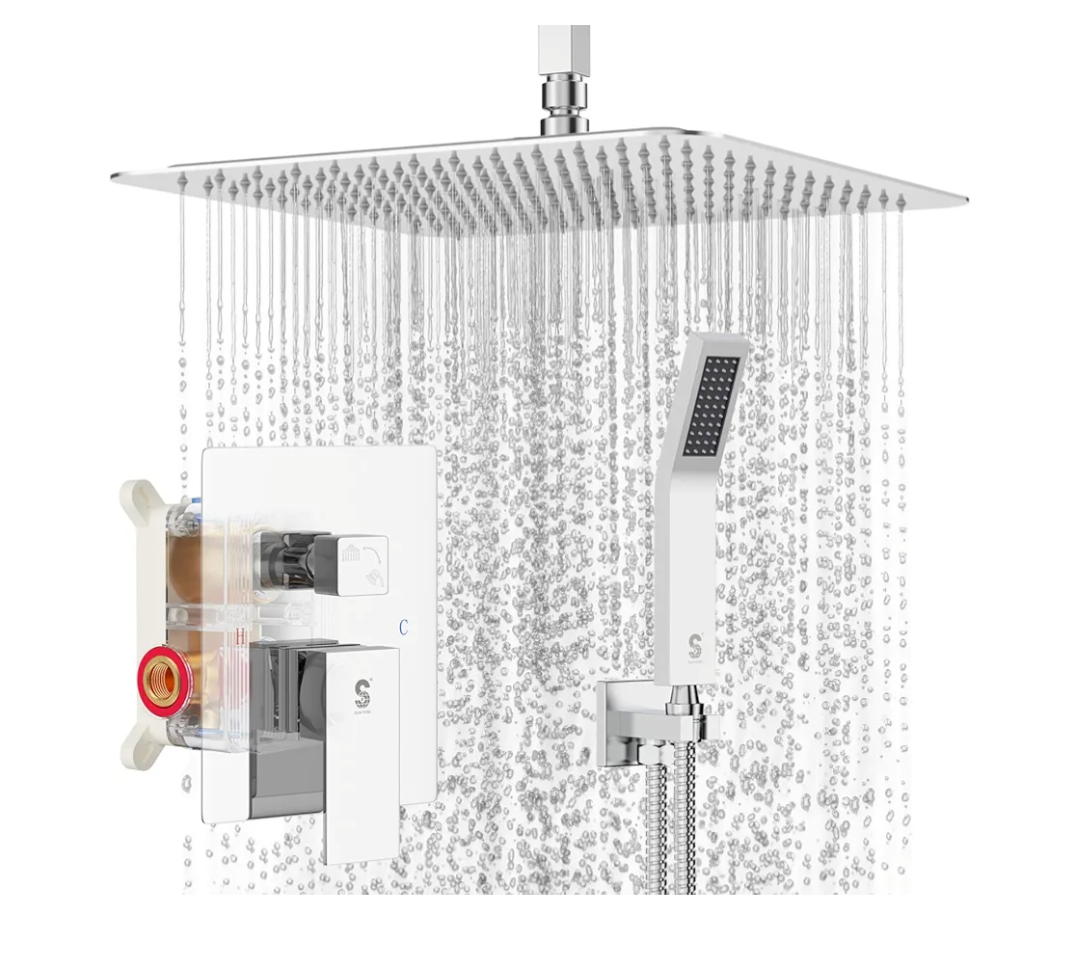 SR Sun Rise 12 Inch Ceiling Mounted Shower System Rain Mixer Combo Set Rainfall Shower Head System Faucet Trim Repair Kits Polished Chrome Rough-in Valve Body and Trim Included