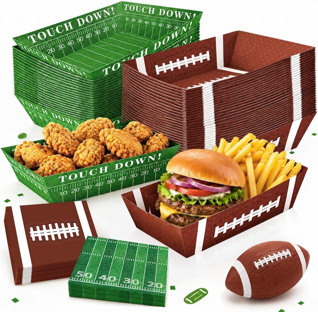 LINHAXM 100 PCS Football Plates and Napkins Set, Football Party Decorations Includes 50 Football Food Trays and 50 Napkins for Game Day, Tailgate, Football Birthday Party Decorations, large