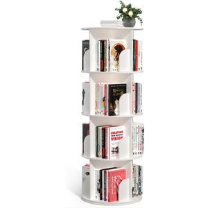 Nidouillet Rotating Bookshelf, 4 Tier Spinning Bookcase Tower Lazy Susan, Revolving 360 Book Shelf Storage Round Organizer, Vertical Rotate Turning Corner Book Case for Small Space, White