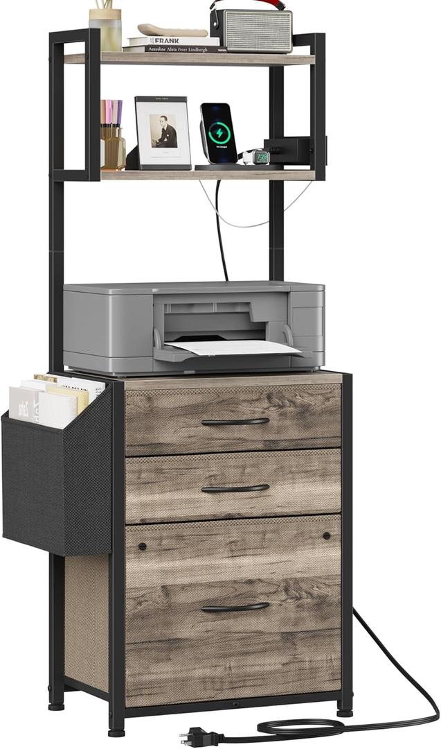 Small 3 Drawer File Cabinet with Charging Station, 45''H, 3-Tier Filing Cabinet for Home Office, 11''*16'' for Small Printer, Fabric Drawer Fits Letter/A4, Tall Printer Stand, Grey