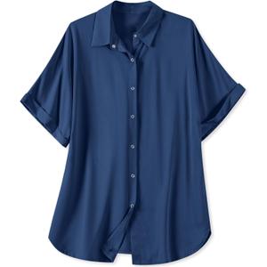 Women’s Soft Casual Short Sleeve Snap Front Blouse Shirt, Dark Blue, XX-Large
