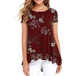 QIXING Women Tops Lace Trim O Neck A Line Tunic Blouse, S