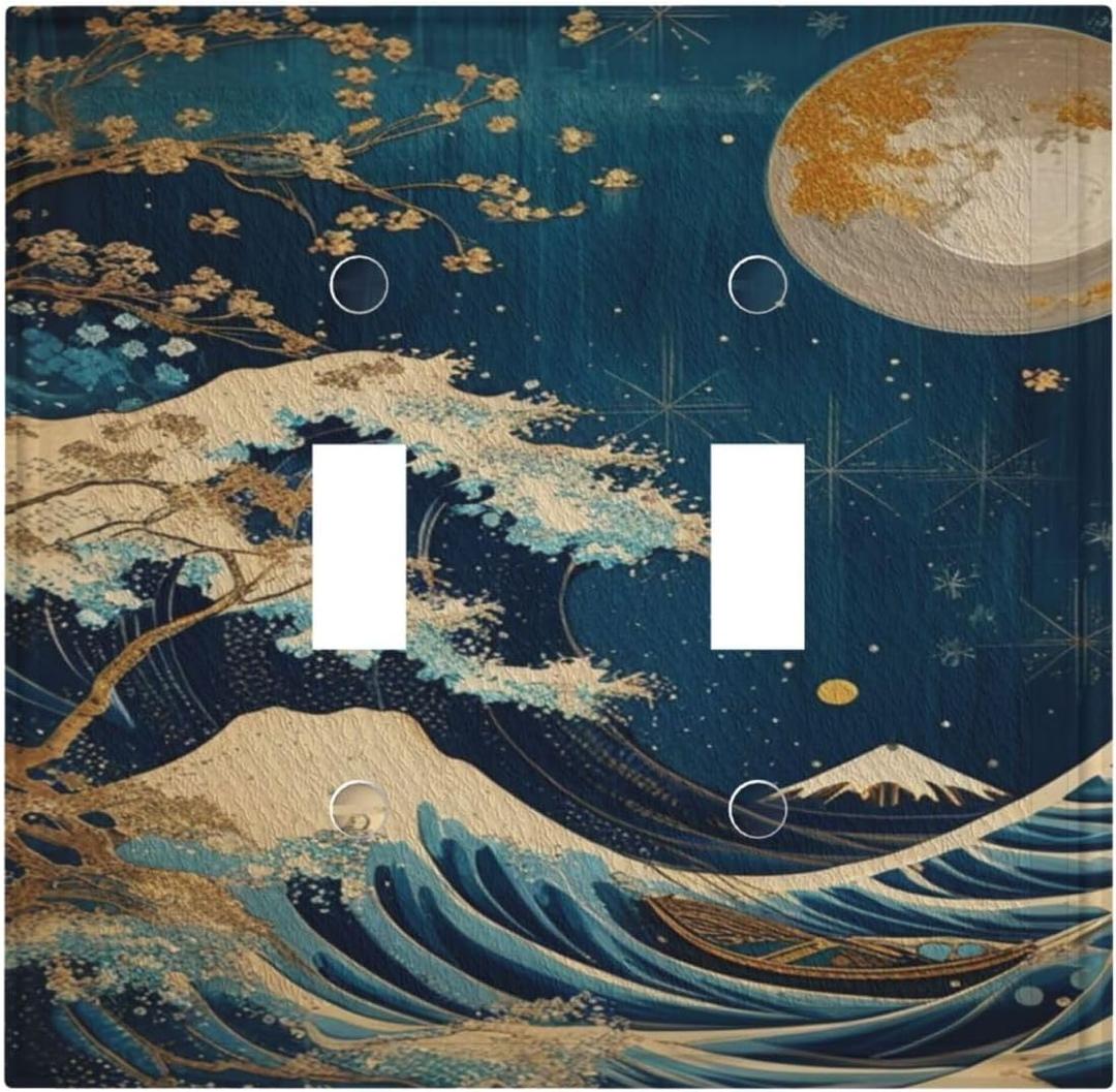 Decorative Art Light Switch Covers,2 Gang Toggle Rocker,Wall Plate,Switchplate Electrical Faceplate,Wave (2 Gang Double Toggle/5x4.9 IN)