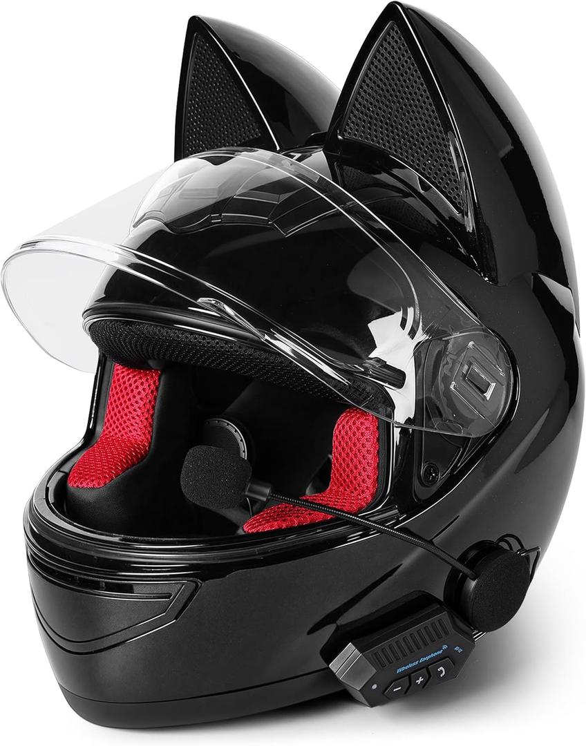 Unisex Kitty Cat Ear Automotive Motorcycle Biker Helmet with Bluetooth | for Moped | Bike | Vespa | Scooter | ATV | Quad | Dirtbike | DOT FMVSS218 Approved and Certified (Extra Large)