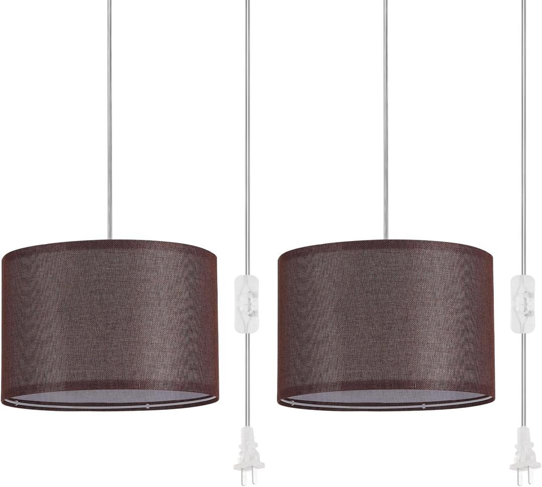 2 Pack Plug in Pendant Light, Hanging Light with 15Ft Clear Cord, On/Off Switch, Coffee Fabric Lamp Shade, Hanging Light Fixture for Bedroom, Kitchen
