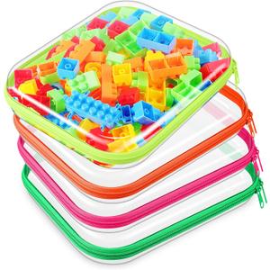 Hoolerry 4 Pcs Hard Clear Zipper Case Makeup Bags Plastic Zipper Pouch Transparent Storage Box Containers for Cosmetics, Snacks, Building Blocks, Puzzles(Clear,9.8 x 7.9 x 2 in,Fluorescent)