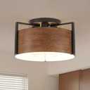 15'' Farmhouse Semi Flush Mount Ceiling Light, 3-Light Rustic Hallway Entryway Light Fixtures, Metal Wood Grain Finish Close to Ceiling Lights for Kitchen Dining Room Bedroom Living Room Foyer, Brown