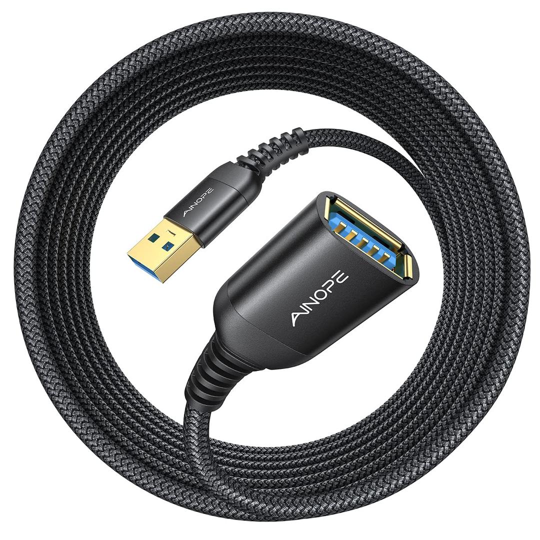 AINOPE 2 Pack USB Extensions Cable High Speed USB 3.0 Extension Cord Type A Male to Female Sturdy Braided Material Fast Data Transfer Compatible with USB Keyboard, Mouse, Flash Drive,Black,16FT+16FT