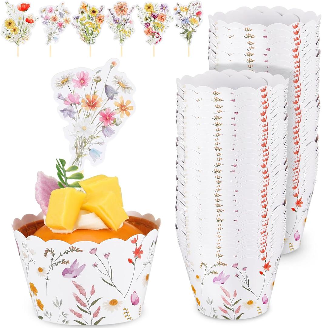 Vesici 72 Pack Wildflower Cupcake Wrappers and Topper Wildflower Birthday Decorations Paper Cupcake Liner Flower Cake Decorations for Spring Floral Birthday Party Decoration Supplies