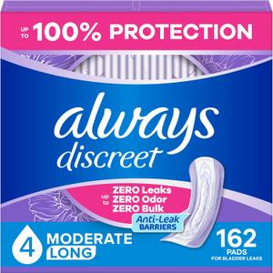 Always Discreet Adult Incontinence Pads for Women, Drier, 4 Drop Long Length, Moderate Absorbency, Pads for Bladder Control Management, Bladder Leaks, & Postpartum Pads, 162ct