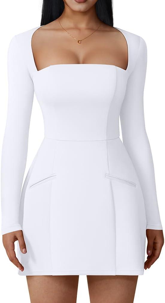 XXTAXN Women's Sexy Fashion Square Neck Long Sleeve Work Party A Line Mini Dress with Pocket (S)