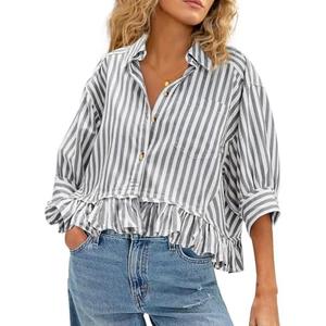 SDIPIPO Womens Summer Tops Dressy Casual Blouse Top Ruffled Short Sleeve Button Down Striped Shirt Size L