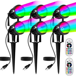 PYDS Christmas Spotlights Outdoor, 12W RGBW Halloween Spot Lights with Remote, 120V Plug-in Color Changing LED Landscape Lighting with IP65 Waterproof for Yard Garden Tree Decor, 6 Pack