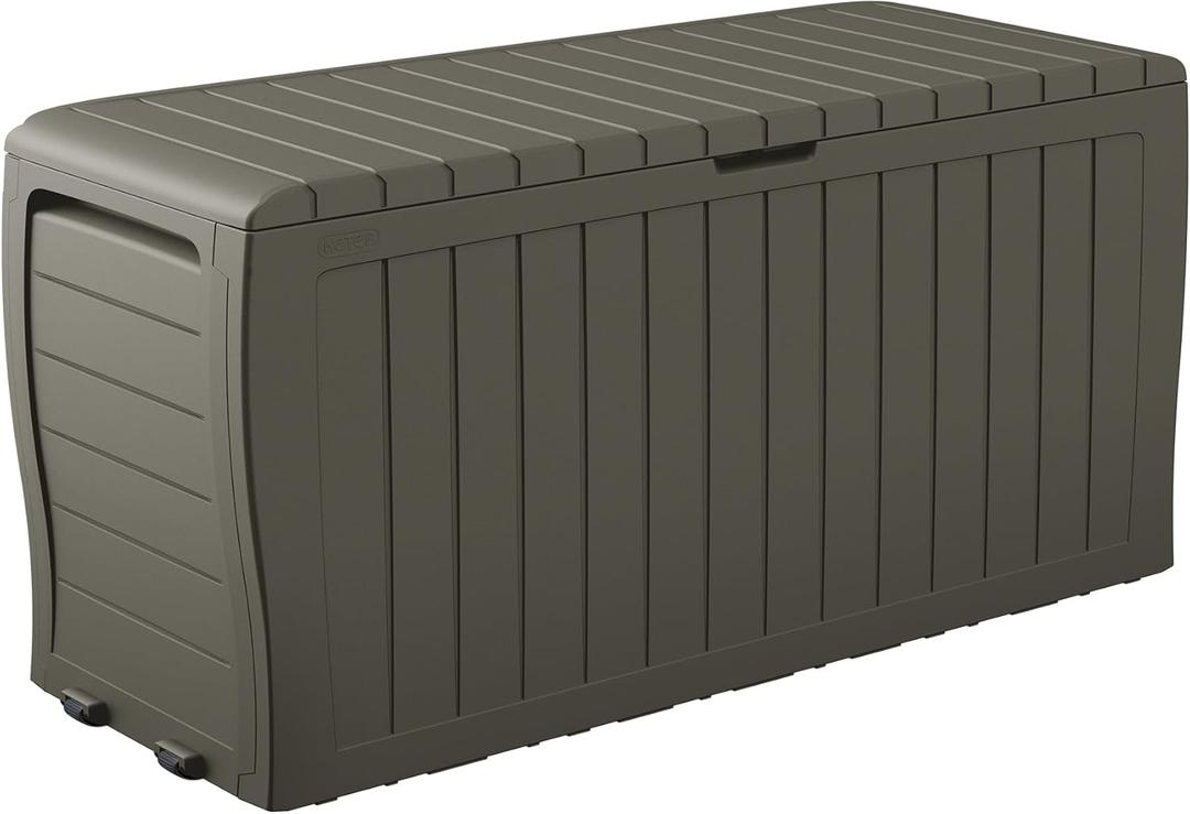 Keter Marvel Plus 71 Gallon Resin Outdoor Storage Box for Patio Furniture Cushions, Throw Pillows, Garden Tools and Pool Floats, Taupe (Mossy Brown)