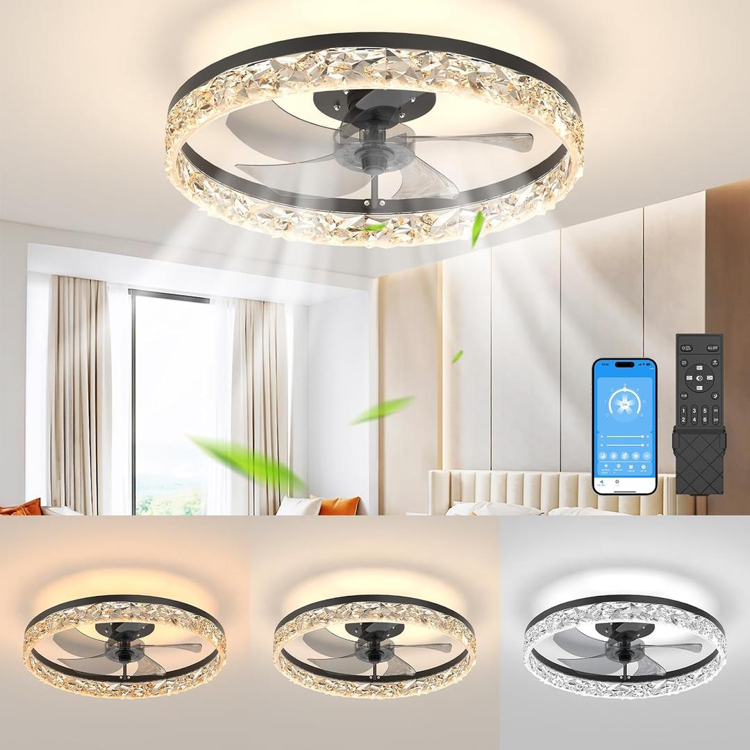 Ceiling Fans with Lights, 19.7in Black Flush Mount Fandelier Ceiling Fans with Lights and Remote, 3000k-6000k Dimmable Modern Smart Bladeless Low Profile Ceiling Fan with Light for Bedroom