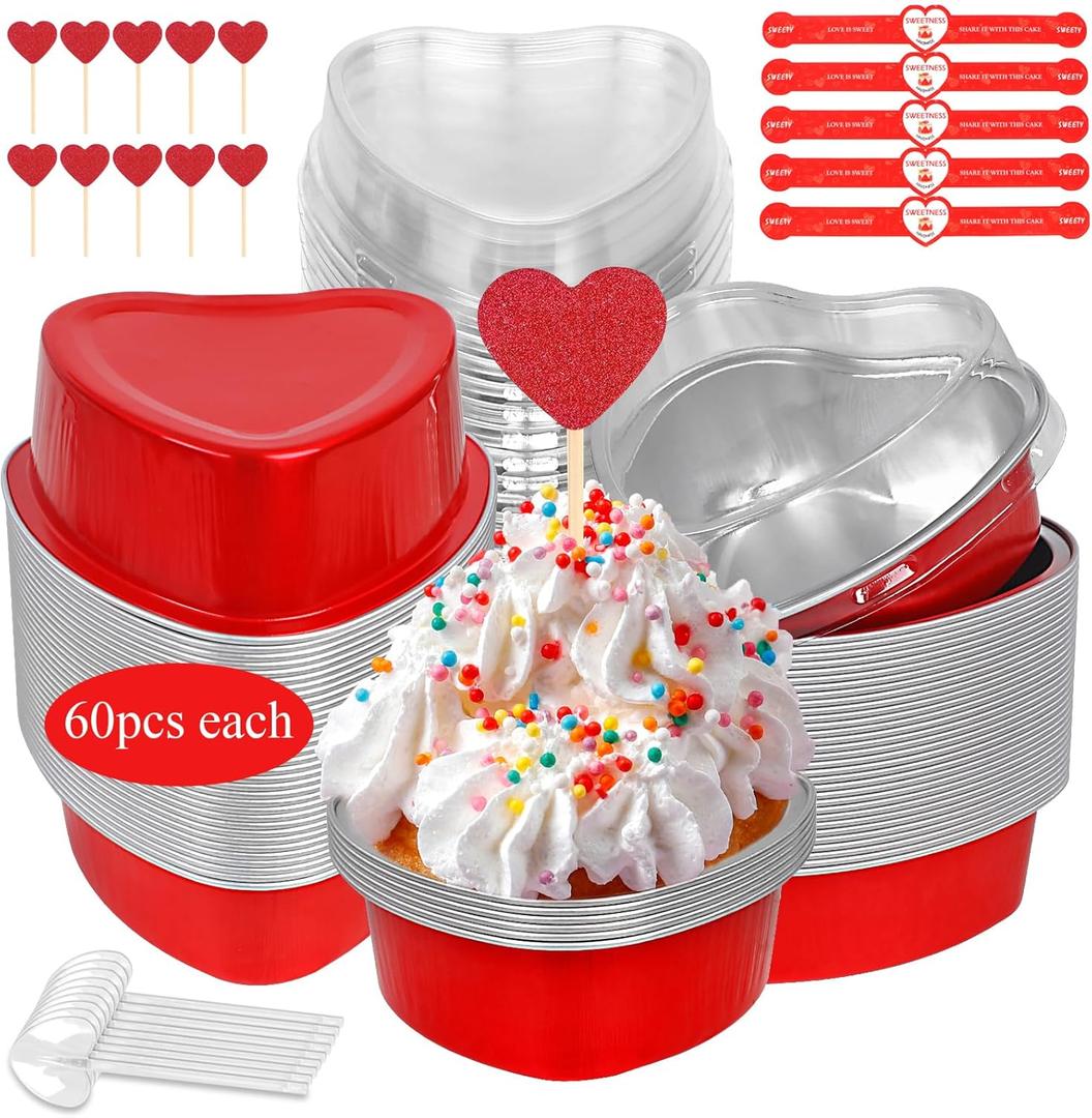 60 Pack Heart Shaped Cake Pans  3.4oz Mini Aluminum Foil heart shape Cupcake pan with Lids, Spoons & Heart Stickers  Disposable Mothers Day Baking Tins Supplies for Gifts, Red