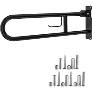ZUEXT 31.5 Inch Black U Shaped Flip-Up Toilet Grab Bar Rail w/Paper Holder