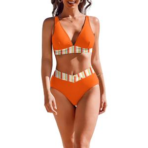 AI'MAGE High Waisted Bikini Set for Women Tummy Control Women's 2 Piece Bathing Suit V Neck Sexy Color Block Swimsuit 2025 (Orange, XL)