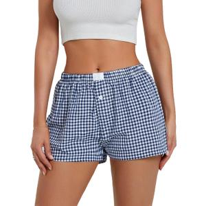Women's Y2K Lounge Shorts Cute Soft Elastic Low Waist Plaid Print Button Front Pajama Bottoms Boxer Shorts Sleepwear (Blue, S)
