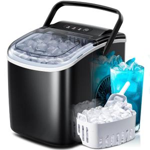 Countertop Ice Maker Machine with Handle, Portable Maker, 27lbs/24Hrs, 7Mins/9 Pcs ice Cubes, Self-Cleaning Table Top Maker with Ice Basket/Scoop, for Home/Kitchen/Office(Black) (26LBS/24H)
