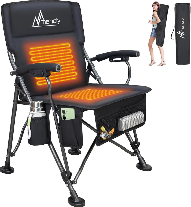 MENOLY Heated Camping Chair, Portable Folding Black (Upgraded Heating)
, Portable Padded Chair for Camping, Beach, Fishing, Sports, Black