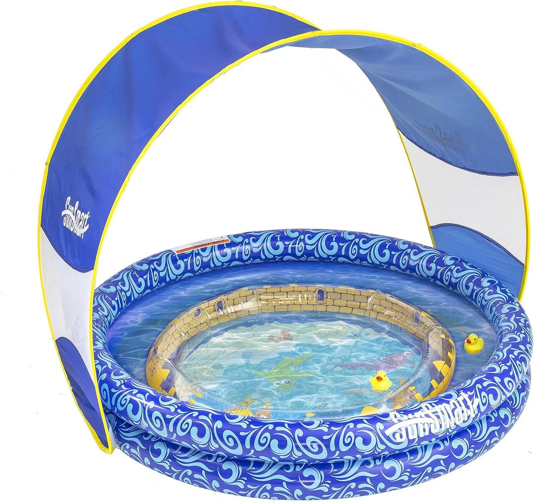 SunSmart Lazy River Kiddie Pool - Inflatable Kids Pool with 2 Toy Ducks and Removable Sunshade Canopy - Dark Blue/Yellow