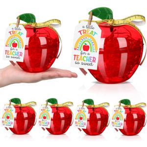 Mimorou 6 Sets Teacher Appreciation Gifts Plastic Apple Containers Red Apple Shaped Candy Jar with Thank You Cards Ruler Ribbon Raffia for Teacher Appreciation Week Graduation Party Decorations