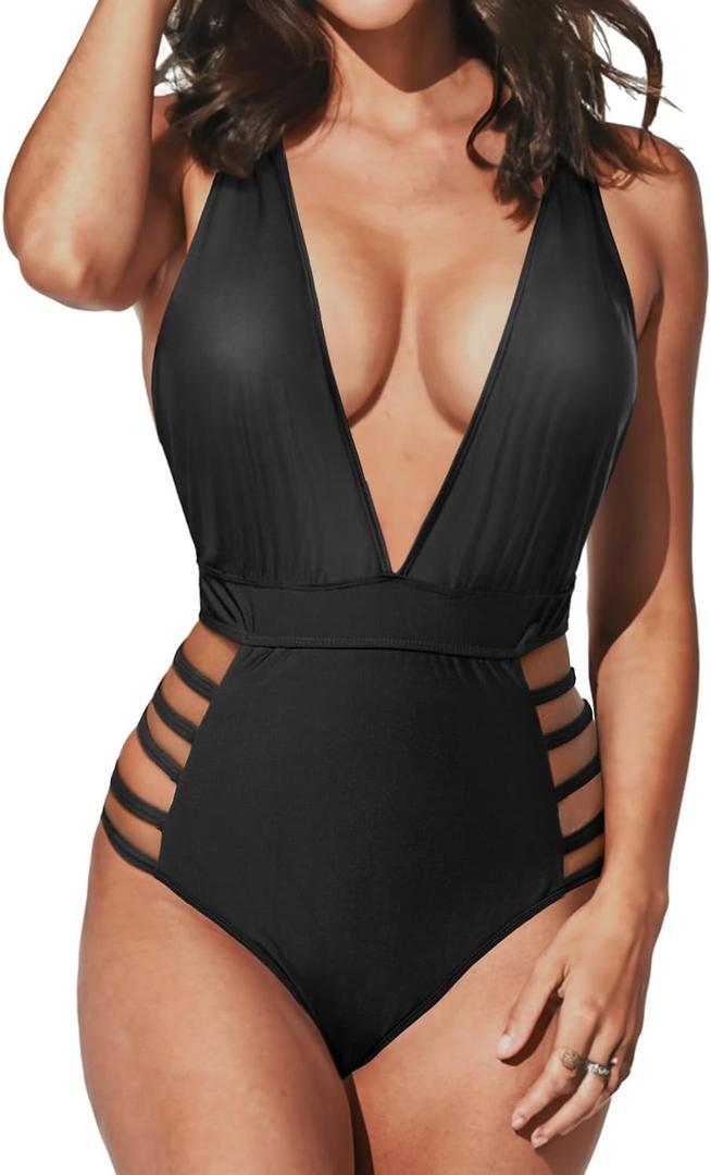 Aqua Eve Women Sexy One Piece Swimsuits Halter Plunge V Neck Cutout Bathing Suits (Medium, Black)