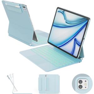 RAYMCRAFT for iPad Air 13-inch Case with Keyboard M4/M3/M2 (2026/2025/2024) & iPad Pro 12.9" (6th/5th/4th/3rd) Magic Keyboard, 11-Color Backlight with Safe Pencil Buckle, Multi-Touch Trackpad, Blue