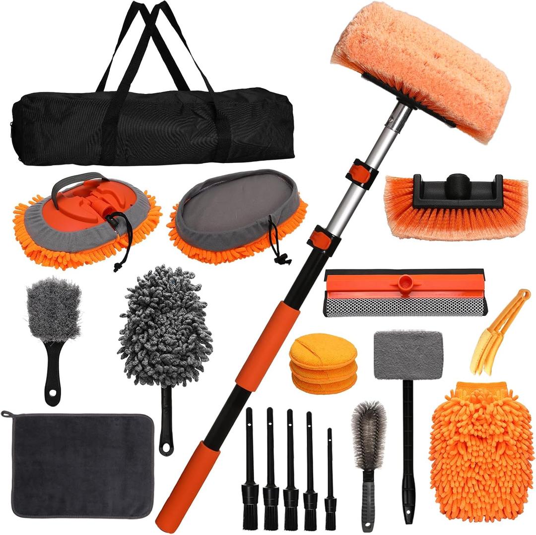 21Pcs Car Wash Kit with 60" Heavy-Duty Extension Pole, Soft Car Wash Brush, Wheel & Tire Brush, Scratch-Free Car Mop Mitt & Window Squeegee, Detailing Tool for Car Exterior & Interior Cleaning