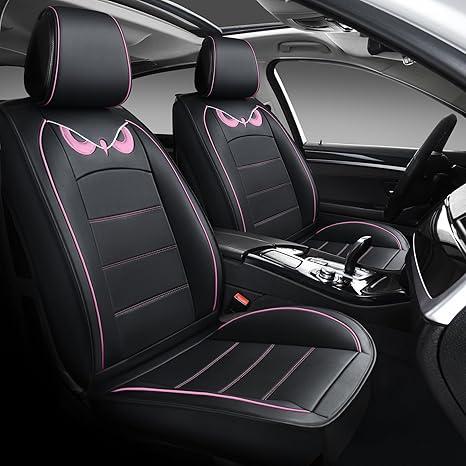 PTOWL Cartoon Full Set Universal Fit 5 Seats Car Surrounded Waterproof Leather Car Seat Covers Protector Adjustable Removable Auto Seat Cushions (Black-Pink)
