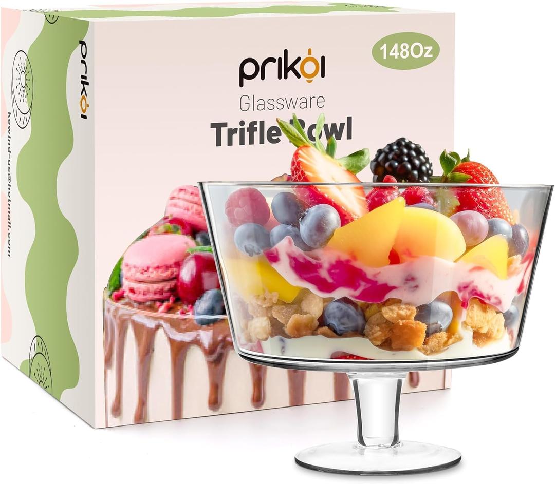 148oz Trifle Bowl with Pedestal, Modern Glass Round Party Dessert Display Stand for Ice Cream Cake, Salad, Fruit, and DIY,2025 Thickened Version