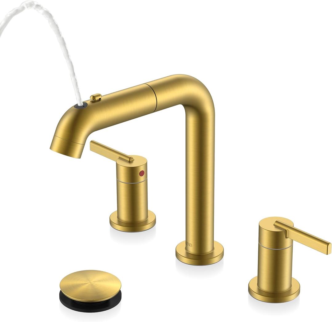 KENES Brushed Gold Pull Down Bathroom Faucet, 8 Inch 2 Handle Widespread Bathroom Faucet 3 Hole with Pull Out Sprayer, Bathroom Sink Faucet with Pop Up Drain & Supply Lines LJ-9058A-4