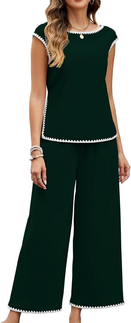 Gardenwed Women's Two Piece Outfit, Cap Sleeve Top and Wide Leg Pants Elegant Summer Set with Trim Design (XXL)