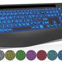 Wireless Keyboard with 7 Colored Backlits, Wrist Rest, Phone Holder, Rechargeable Ergonomic Computer Keyboard with Silent Keys, Full Size Lighted Keyboard for Windows, Mac, PC, Laptop (Large Print)