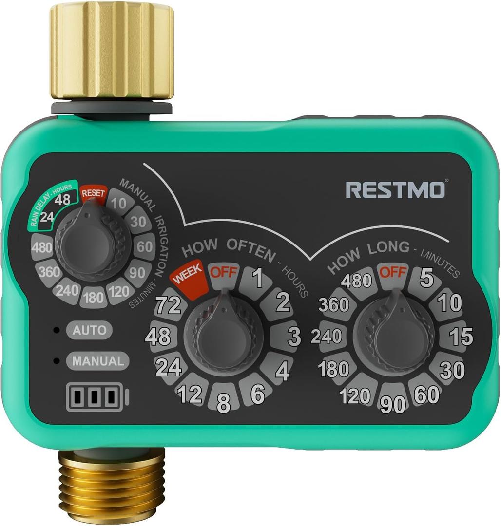 RESTMO 3-Dial Analog Sprinkler Timer with Brass Inlet & Outlet, Mechnical Water Timer for Garden Hose with Manual/Rain Delay, Automatic Drip Irrigation System, 480 Minutes Max Watering, Easy to Set Up