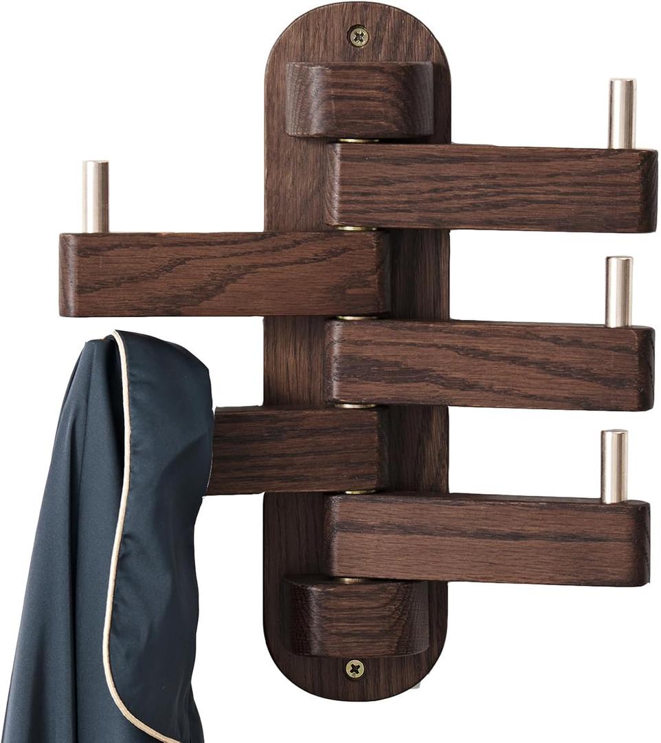 Walnut Wood Coat Hooks, Coat Rack Wall Mount Swivel & Heavy Duty Wall Hooks for Bedroom, Entryway, Living Room, Bathroom,Office, Classroom