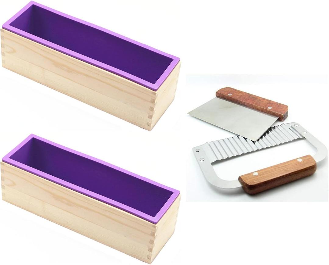 2 Pcs Flexible Rectangular Soap Silicone Loaf Mold Wood Box for 42oz Soap Making Supplies with 2 Stainless Steel Wavy & Straight Soap Mold Loaf Cutter Cutting Tool (Purple)