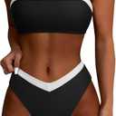 SUUKSESS Women Bandeau High Waited 2 Piece Bikini Set Cheeky High Cut Swimsuit (Small, 104 Black White)