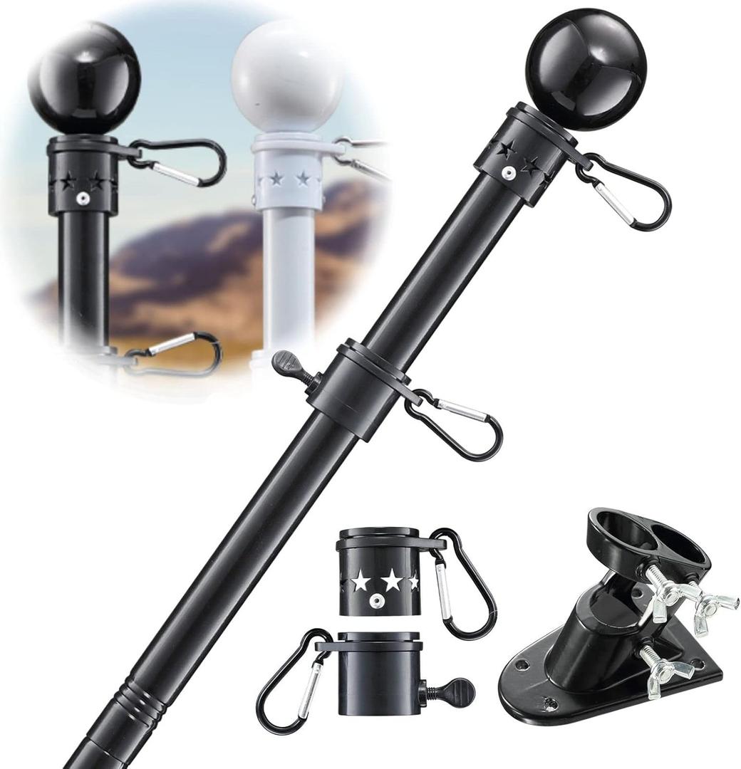 Flag Pole Holder for Outside House - 5ft Stainless Steel Heavy Duty Flagpole Kit,Tangle Free,2 Angle Bracket for Grommet Flags,Banner,Garden Flag,for Outdoor Porch,Yard,Garage,Balcony,Black