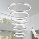 5-Rings Modern LED Chandelier Silver High Ceiling Chandelier with Remote Control Dimmable Pendant Lighting for Dining Room Foyer Living Room Entryway Staircase(3000K-6500K, D23.6)